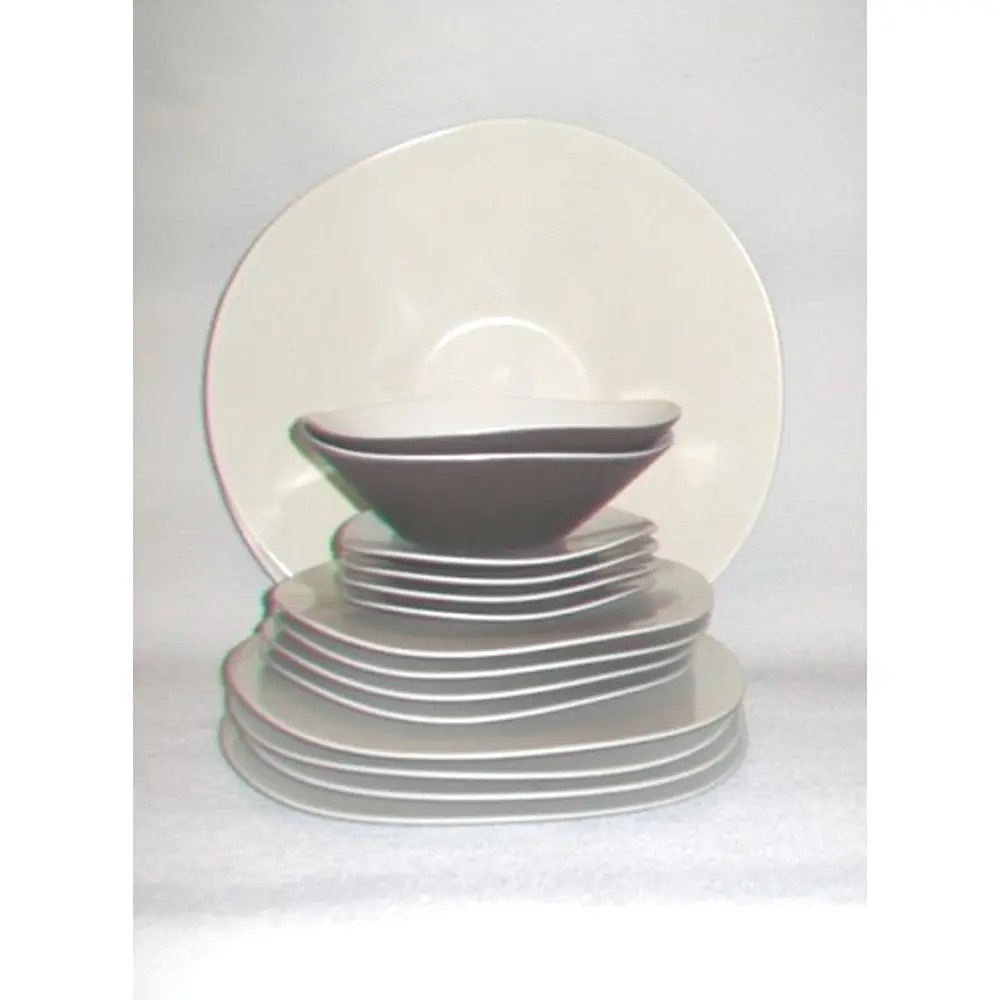 Vintage 90s Era Umbra Melamine Ivory Brown Asymmetrical Dinnerware Set of 12